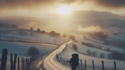 Lone Pilgrim Walking The Camino In Winter
