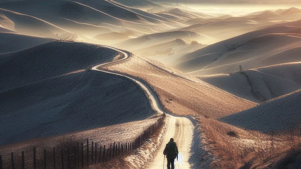 Solo Pilgrim Walking Along The Camino De Santiago In Winter Solo Pilgrim Walking Along The Camino De Santiago In Winter
