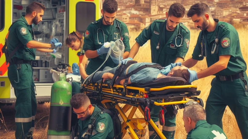 Spanish Ambulance Team Attending To A Hiker Along The Camino