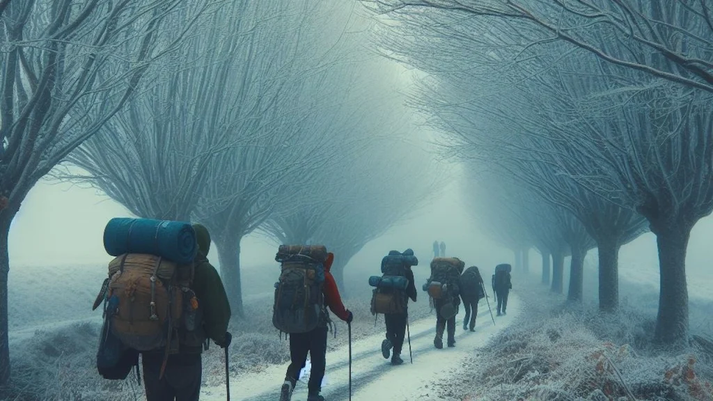 Winter Pilgrims Walking Through A Snowy Avenue Of Trees Along The Camino De Santiago