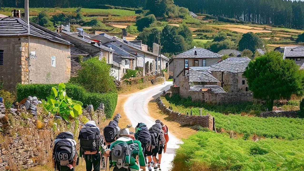 Pilgrims approaching the village of Gonzar, Galicia, Spain, along the Camino Frances
