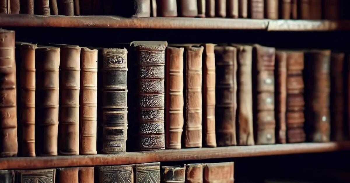 A bookshelf full of old books about the Camino de Santiago